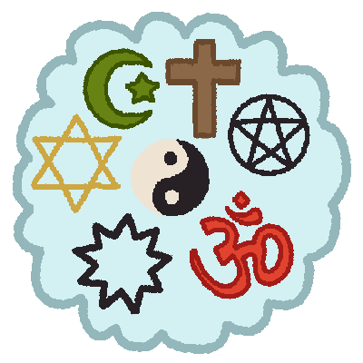 a simple drawing of a large, light blue thought bubble. inside the thought bubble are many religious symbols: a brown Christian cross, green crescent moon and star, yin-yang, gold star of David, red om, black pentacle, and black Bahá’í nine-pointed star.